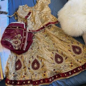 4 piece Gold and burgundy Indian Pakistani heavy embellished lehenga.
